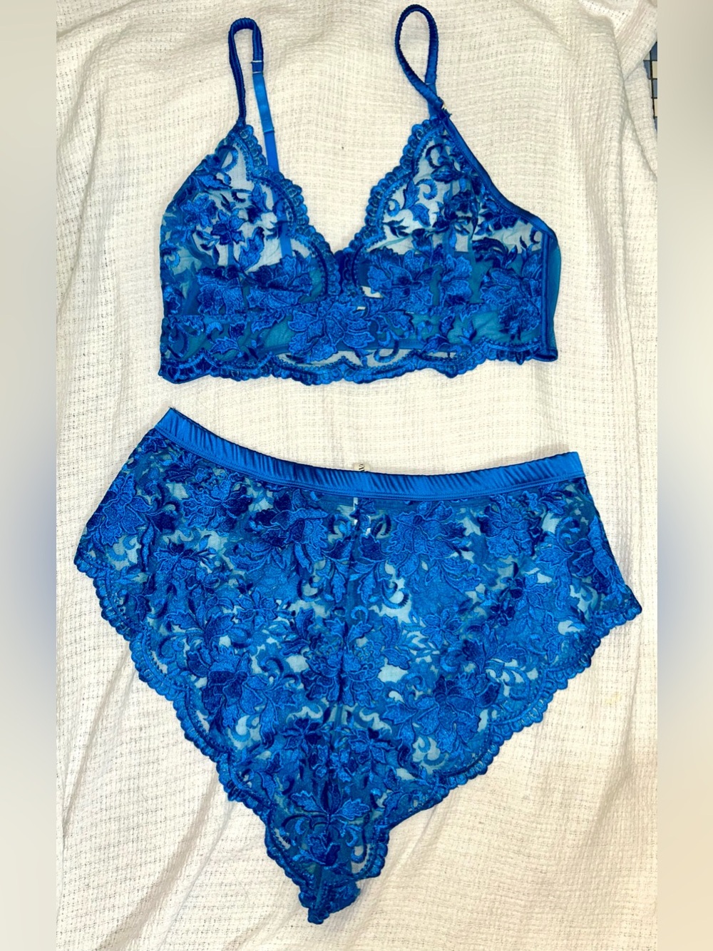 Kilo Brava Sheer Floral Lace Bralette & High-Waist Tap Shorts in Cobalt Blue